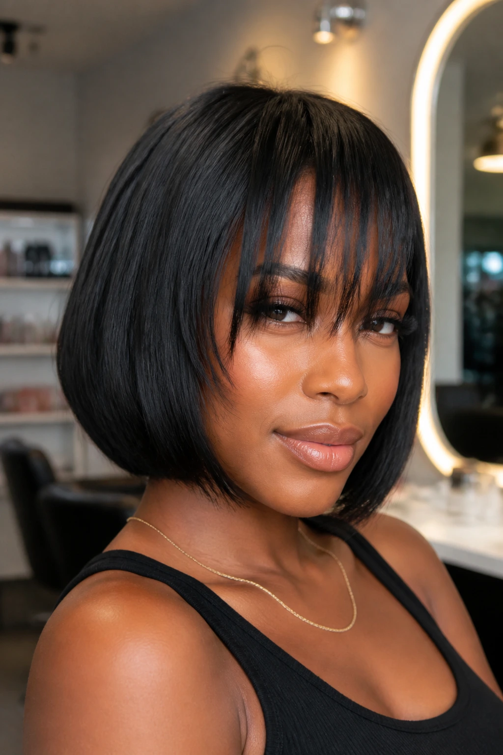 Close-up of a real person wearing a sew-in bob with shattered bangs in a salon.