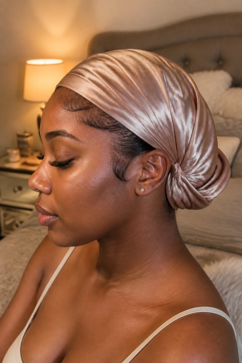 Real woman with satin scarf protecting sew-in hairline in a cozy bedroom