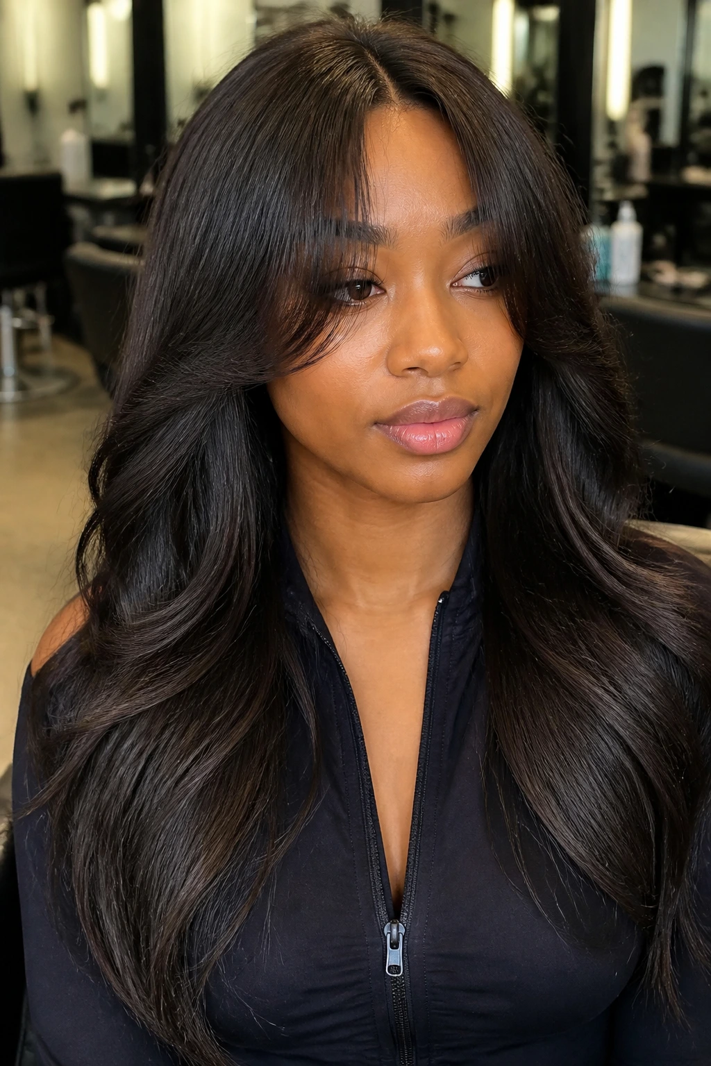 Close-up portrait of a real person with sew-in blend and long curtain bangs in a salon setting