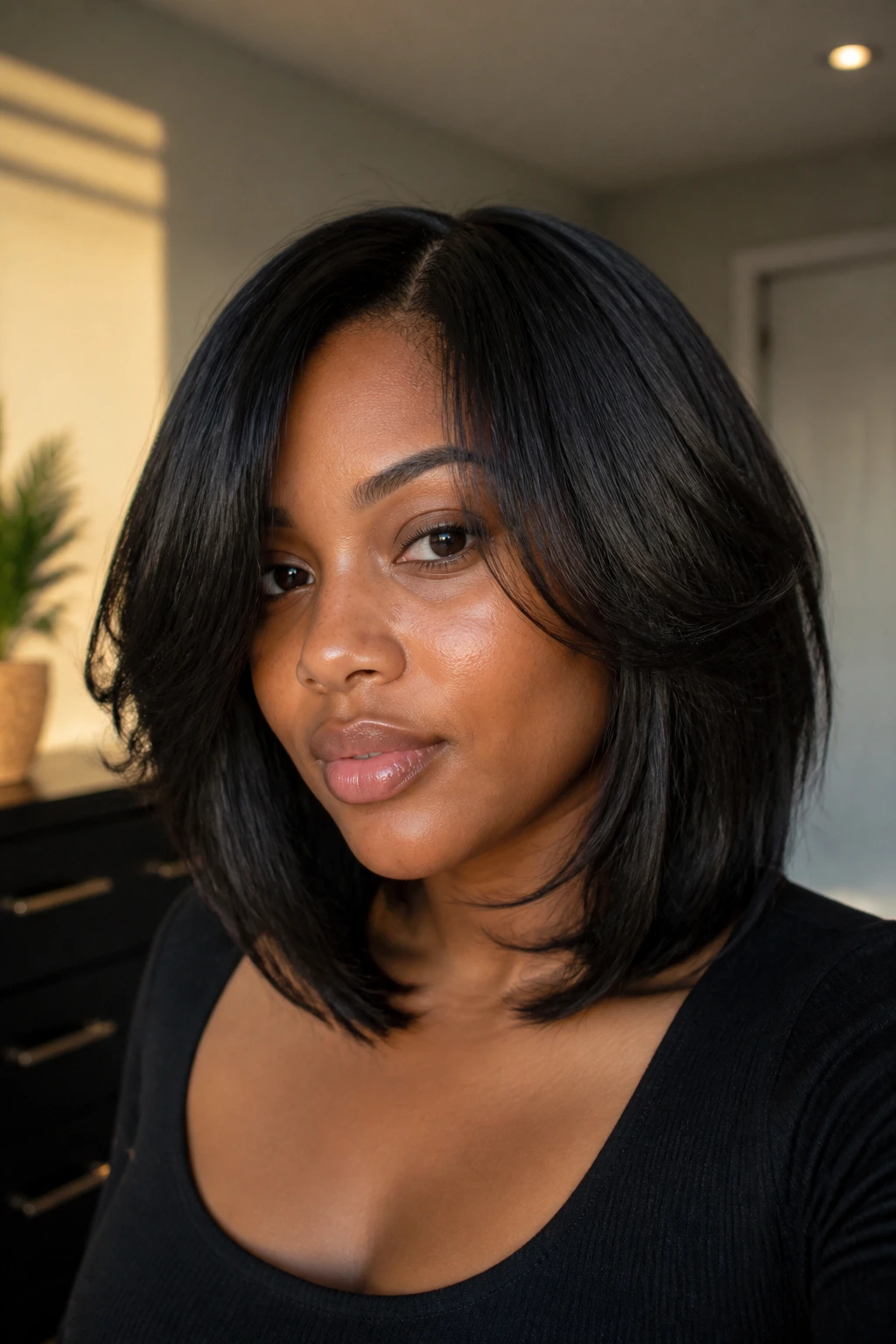 Close-up portrait of a real woman wearing a sew-in lob with blended layers around the face