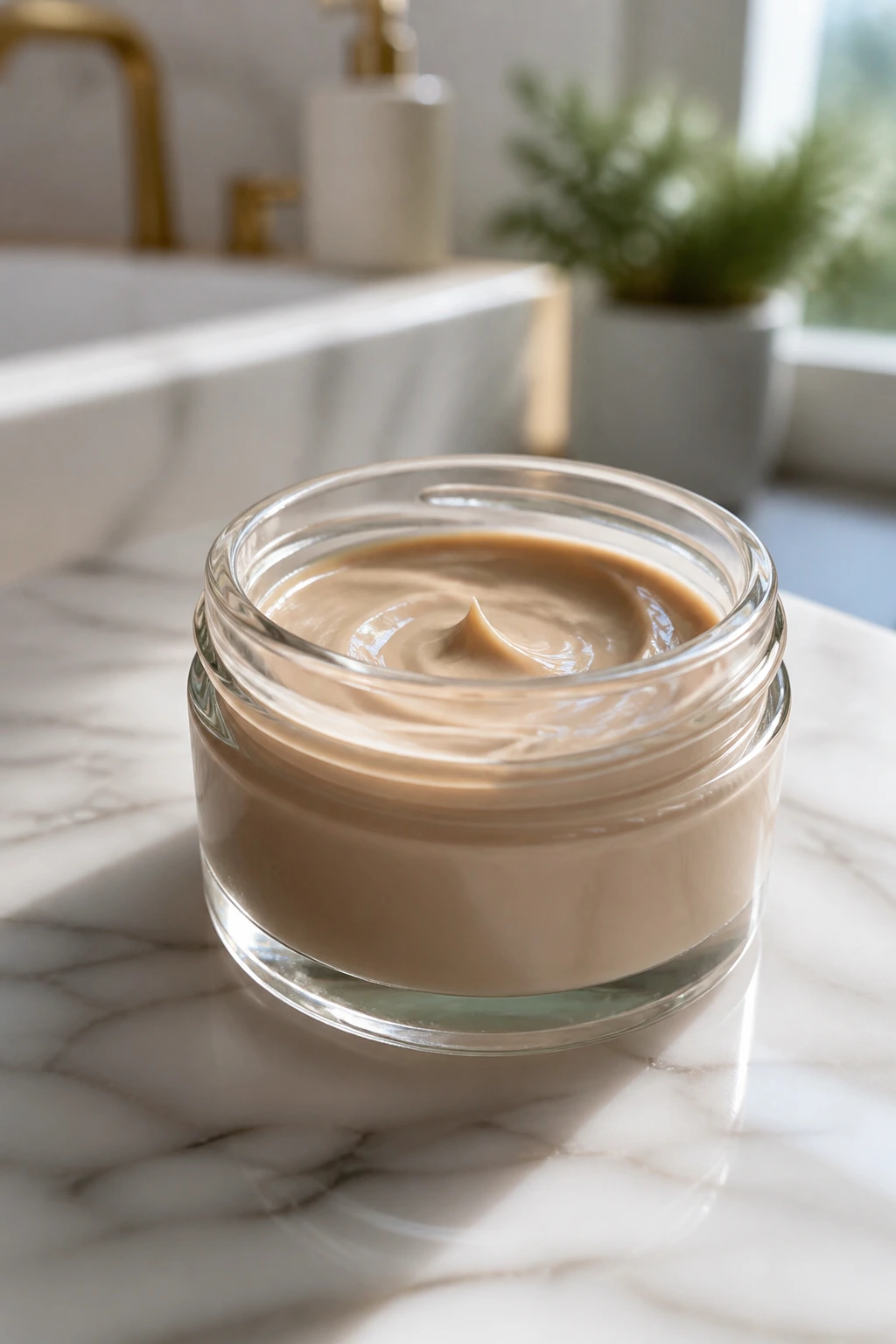 Close-up of a beige shade-glaze jar on a bathroom counter