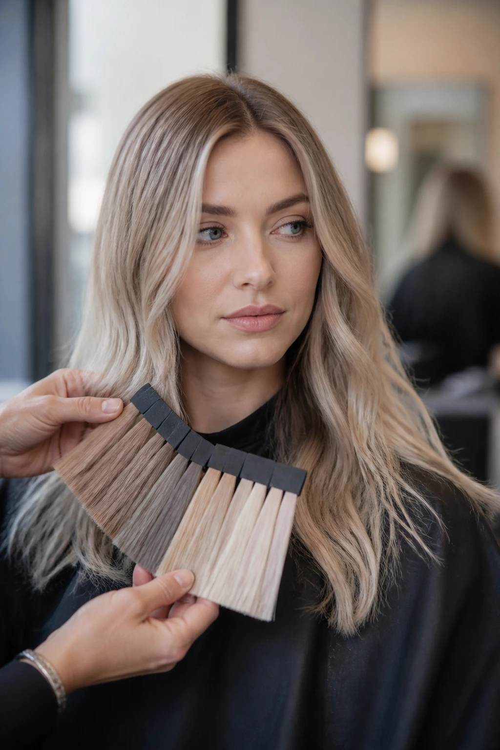 Portrait of a client in a salon chair considering beige blonde shade options with subtle swatches