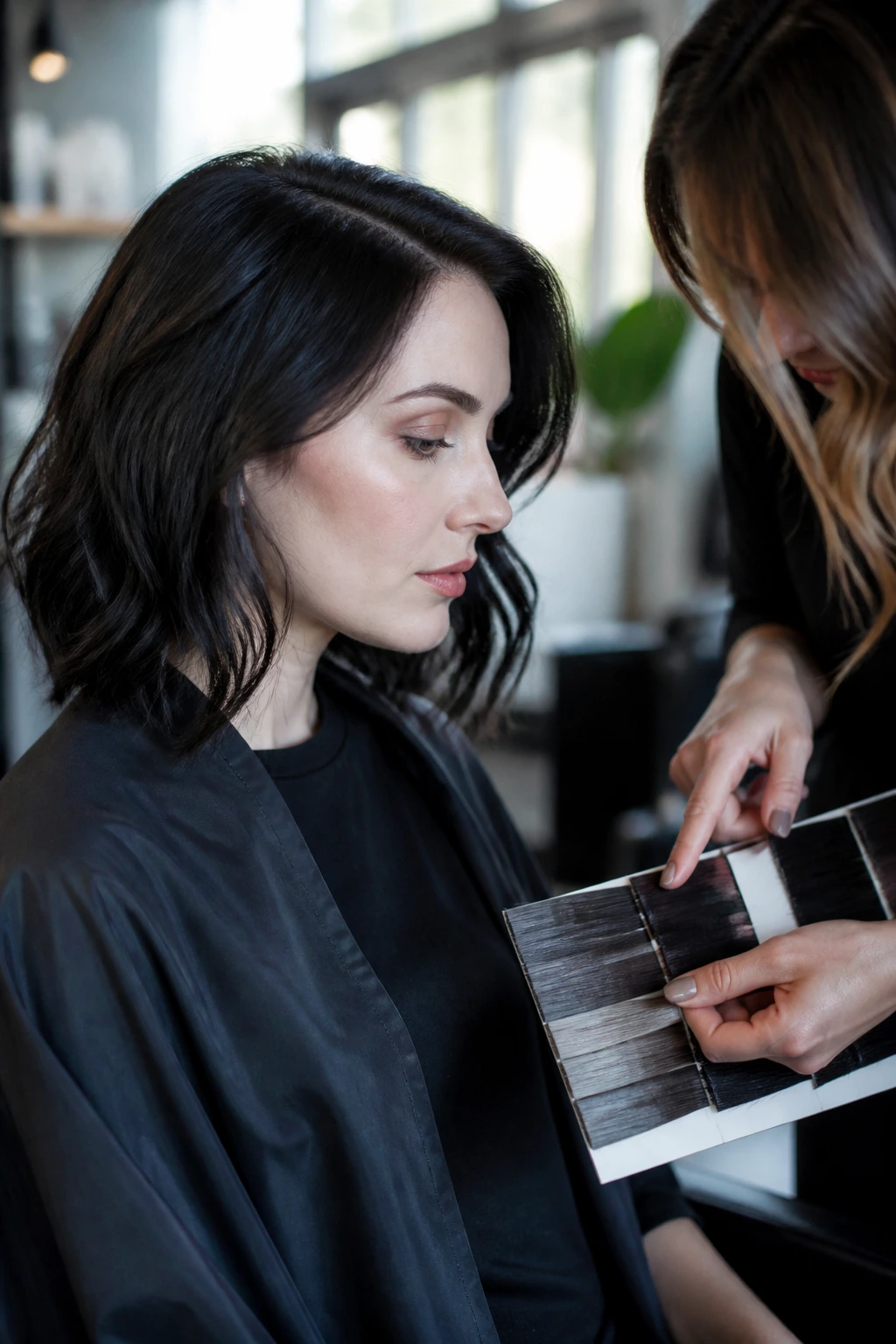 Close-up of a color consultation in a daylight-filled salon focusing on shade discussion