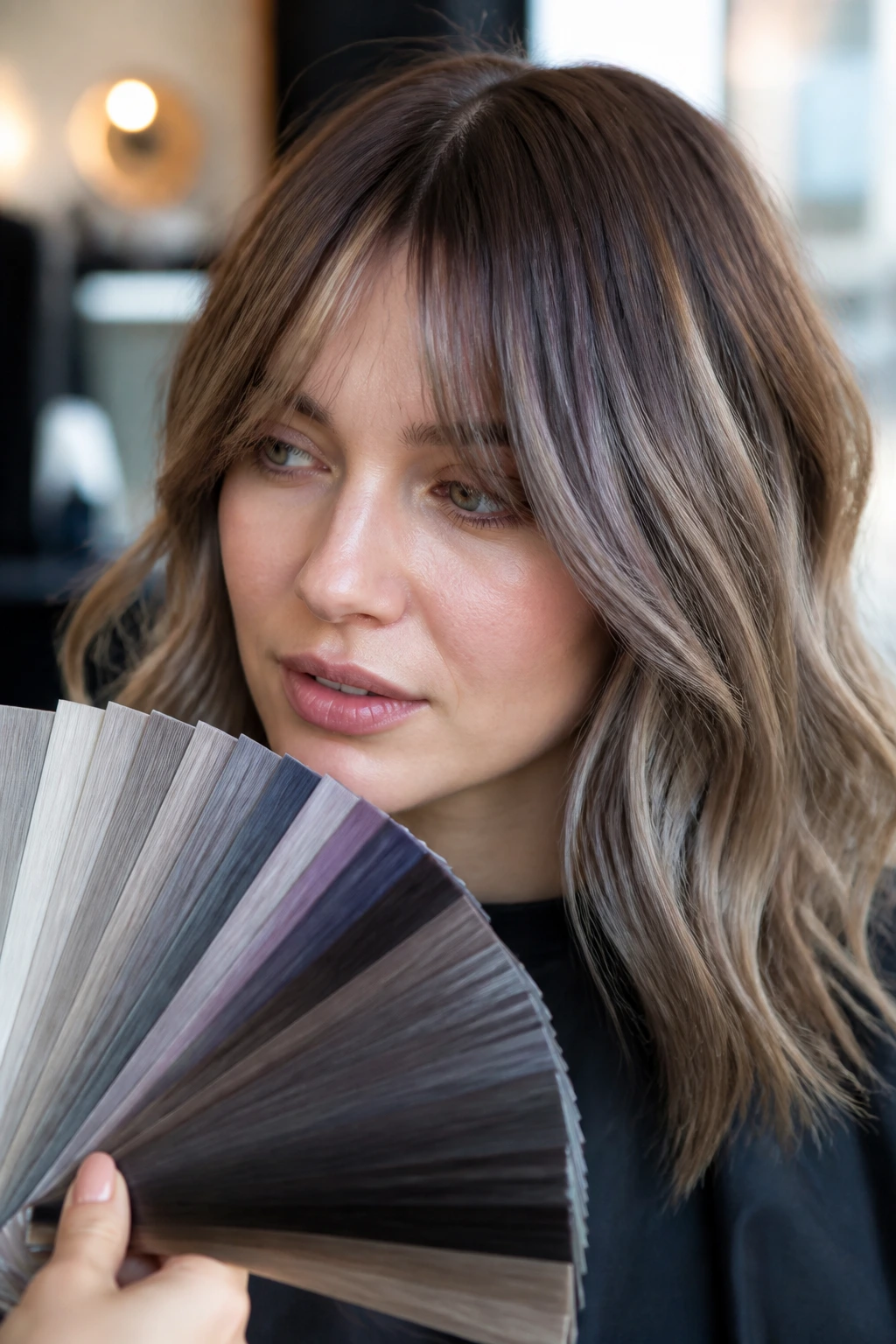 Portrait of a client in a salon during shade consultation with color swatches.