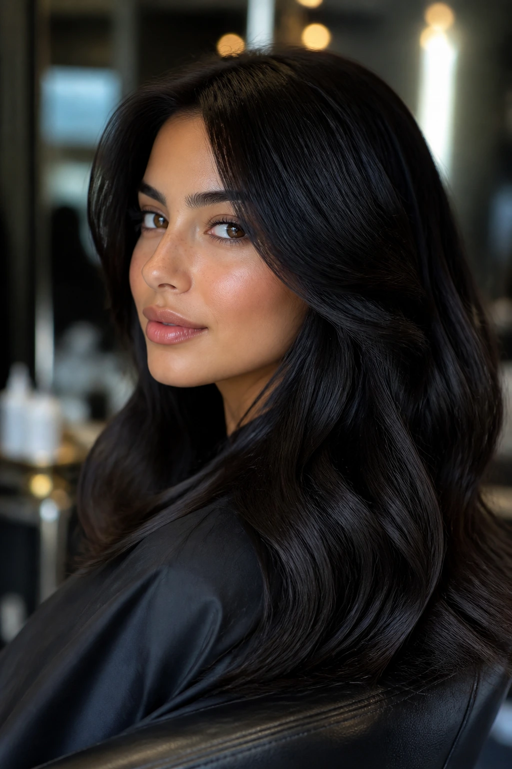 Close-up portrait of a client in a salon chair with hair in focus for shade explanation
