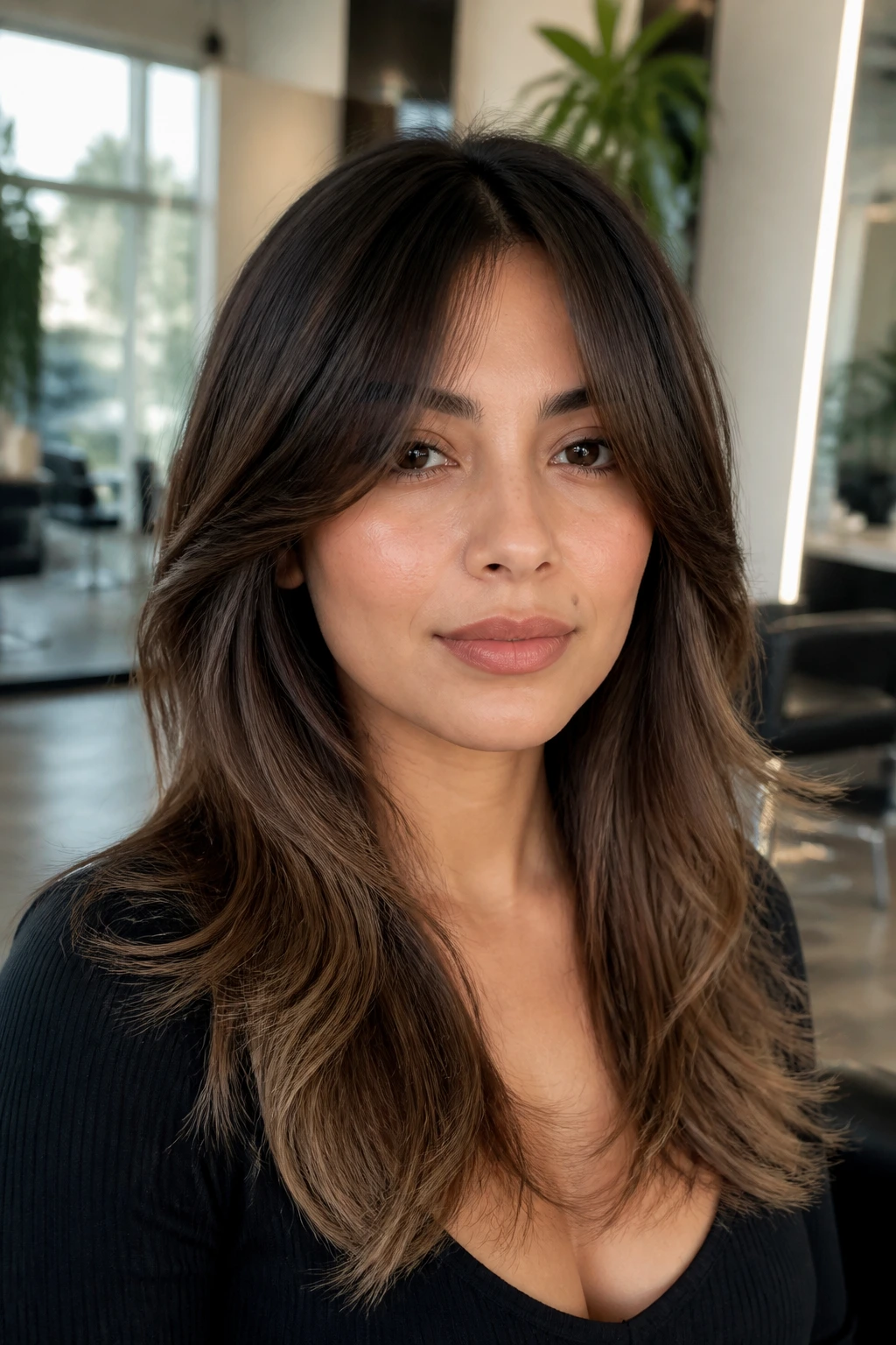 Close-up of brown ombre shade family on a real person with curtain bangs in salon