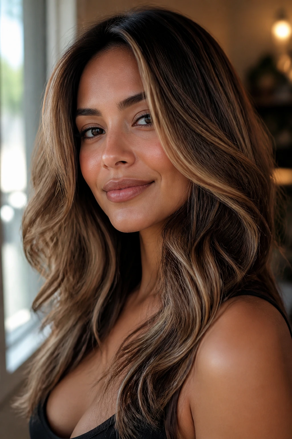Portrait showing shade map of honey, caramel, and brown in hair.