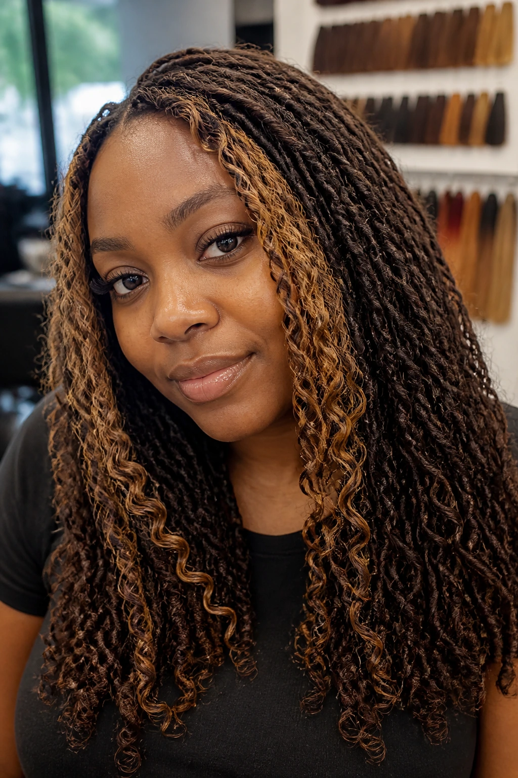 Close-up of crochet hair with caramel money piece and chestnut base in a salon setting