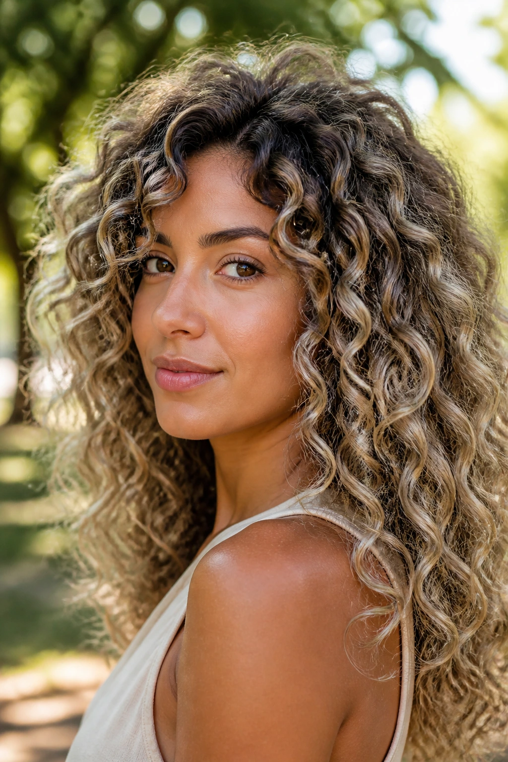 Close-up of curly-haired woman showing shade movement with curls in sunlight