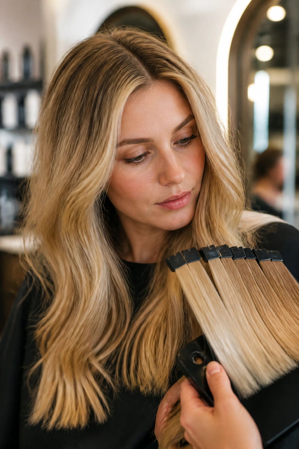 Person studying hair color swatches to understand shade names
