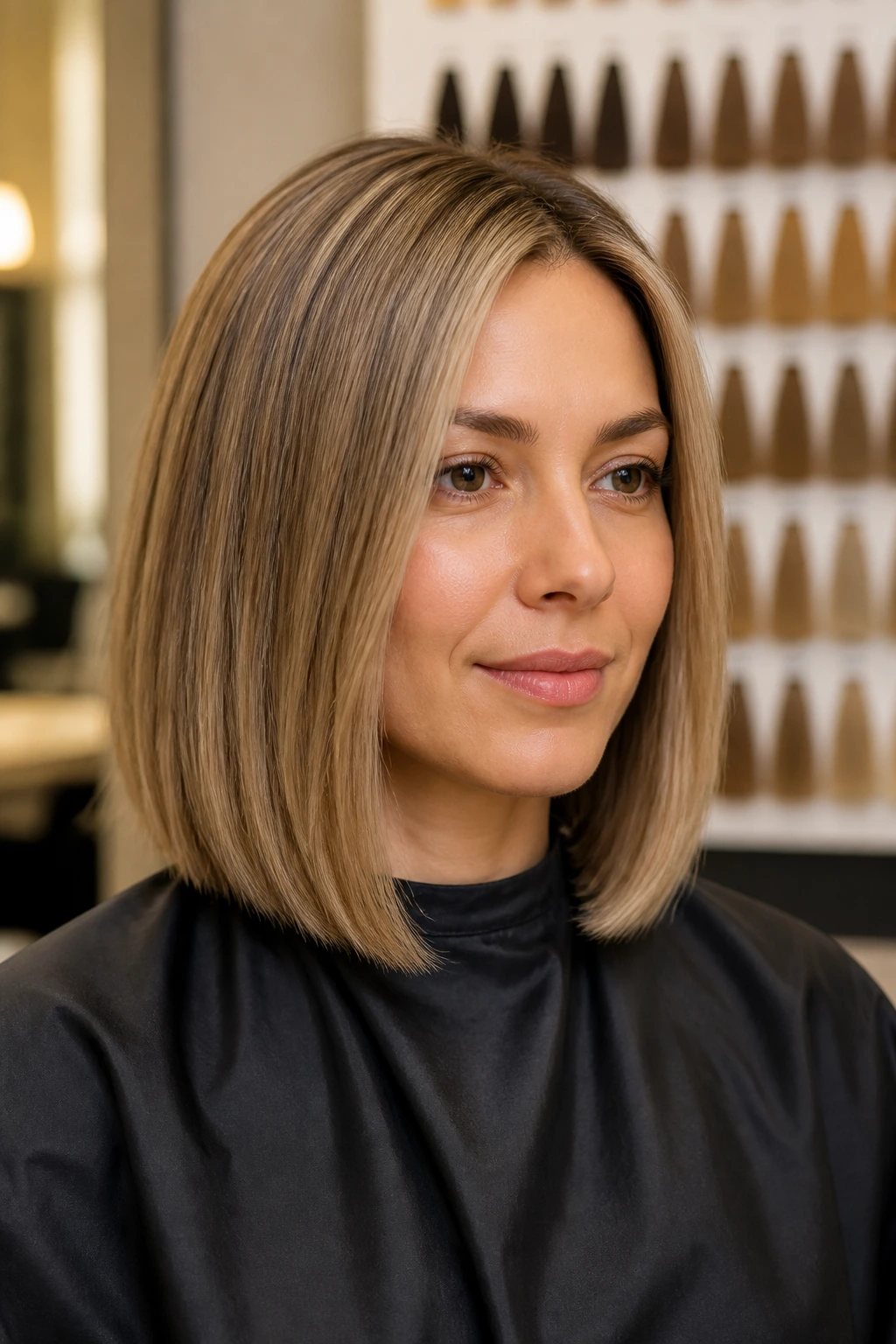Portrait of dark blonde hair with shade planning and a color chart in the background.