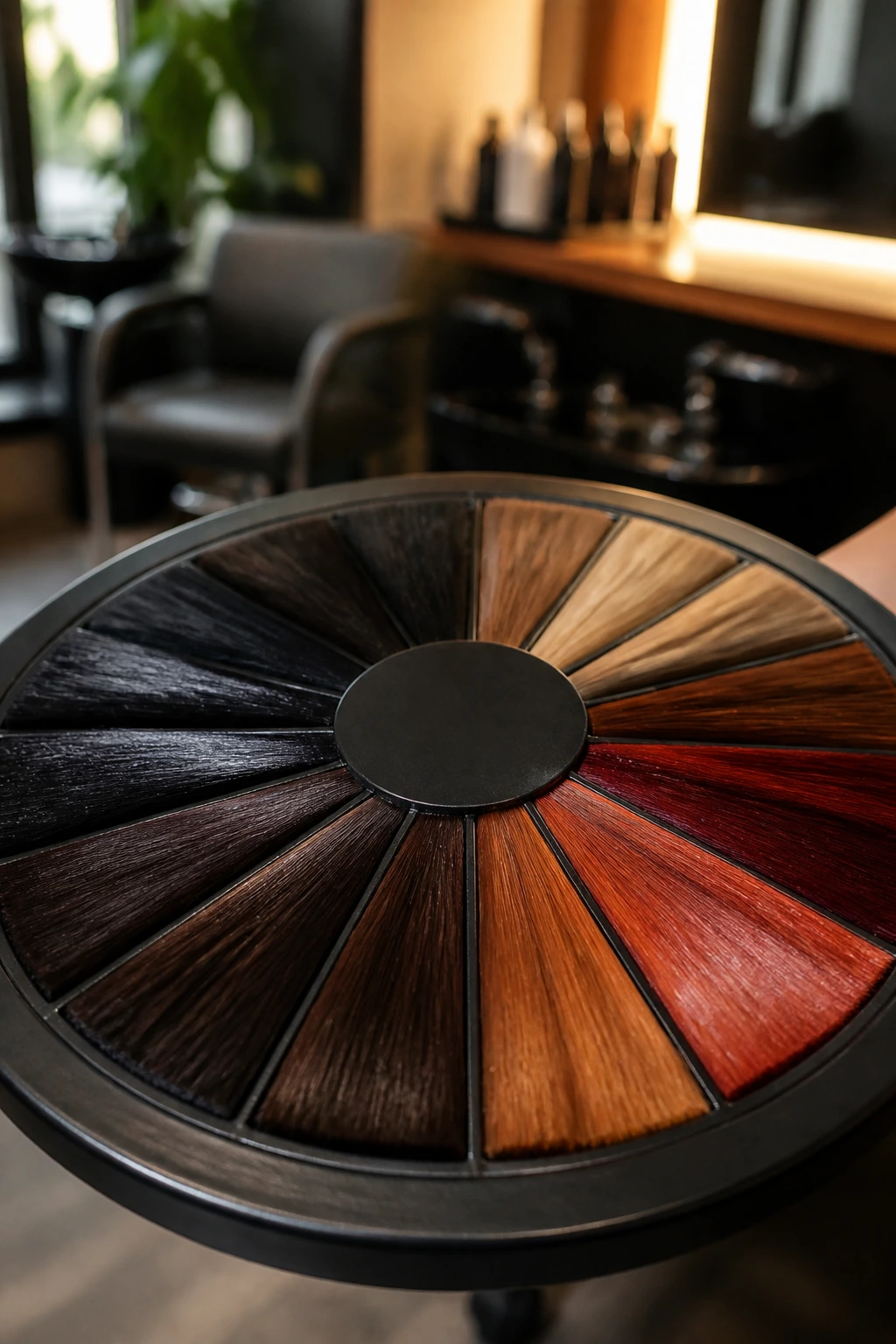 Close-up of a hair color swatch wheel with deep tones in a salon
