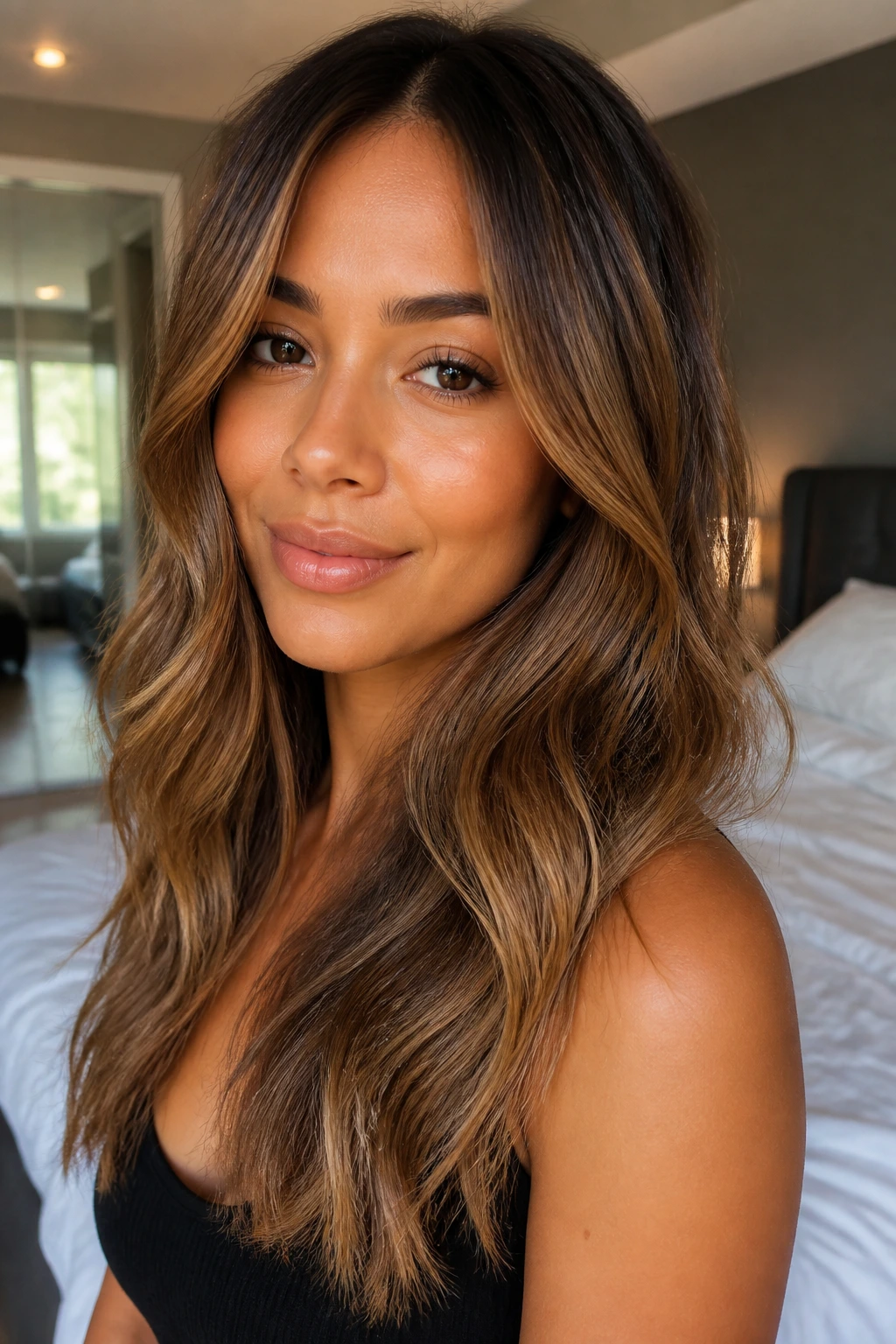 Portrait of a person with dimensional caramel shade on warm medium skin