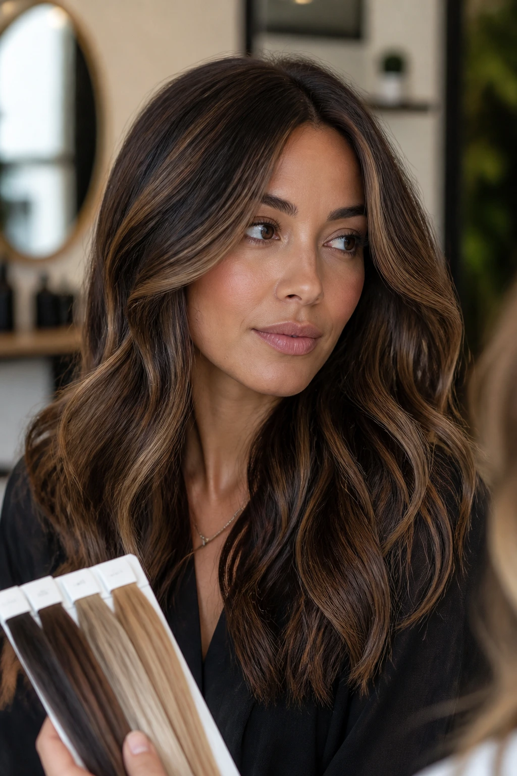 Close-up of real woman with balanced warm and cool toned hair in a salon