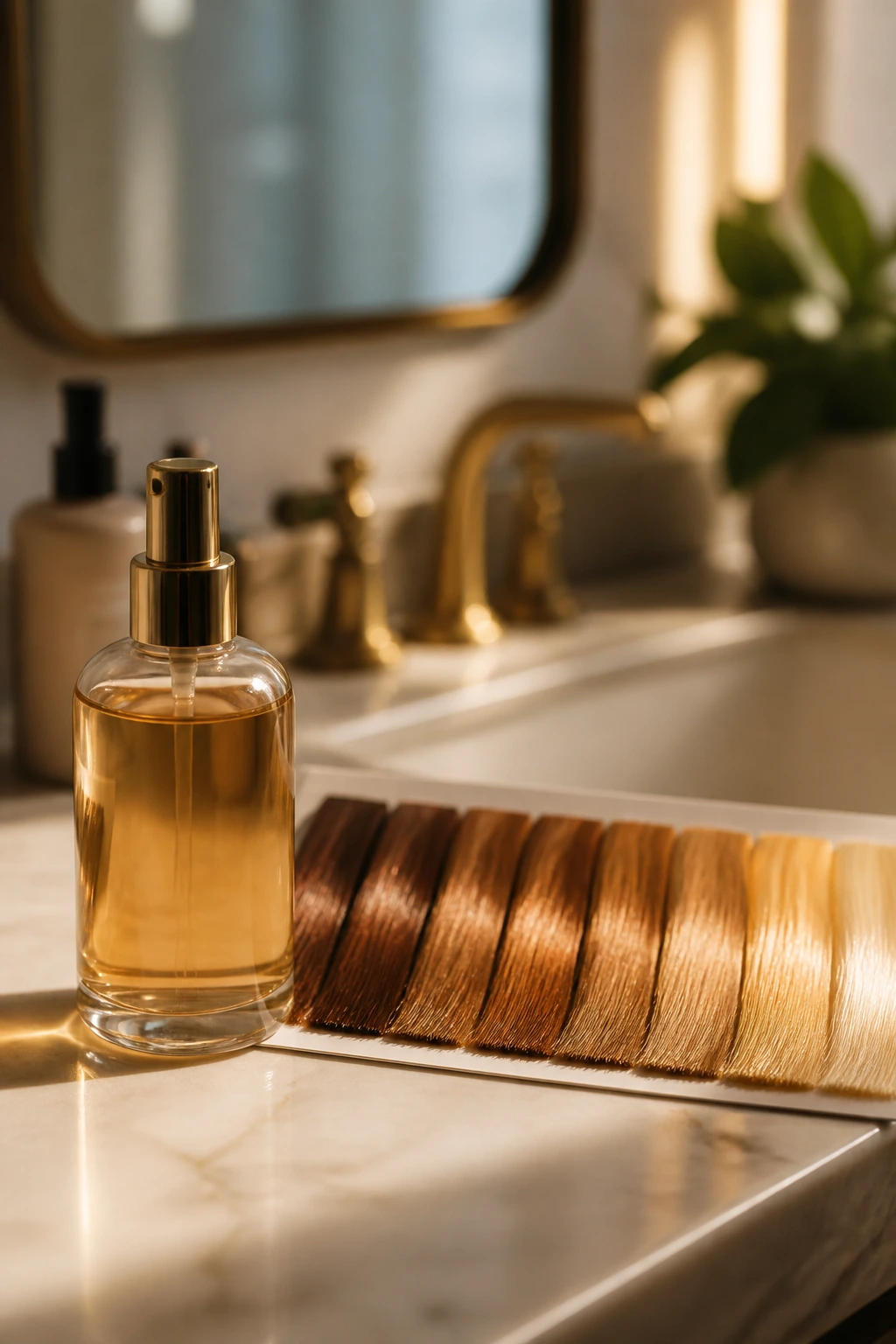 Unlabelled hair product bottle with color swatches on a bathroom counter