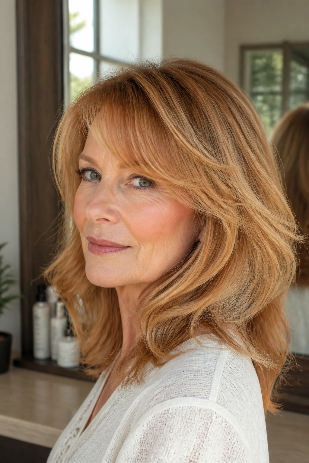 Real woman with strawberry blonde hair in sunlit vanity showing shade and tone