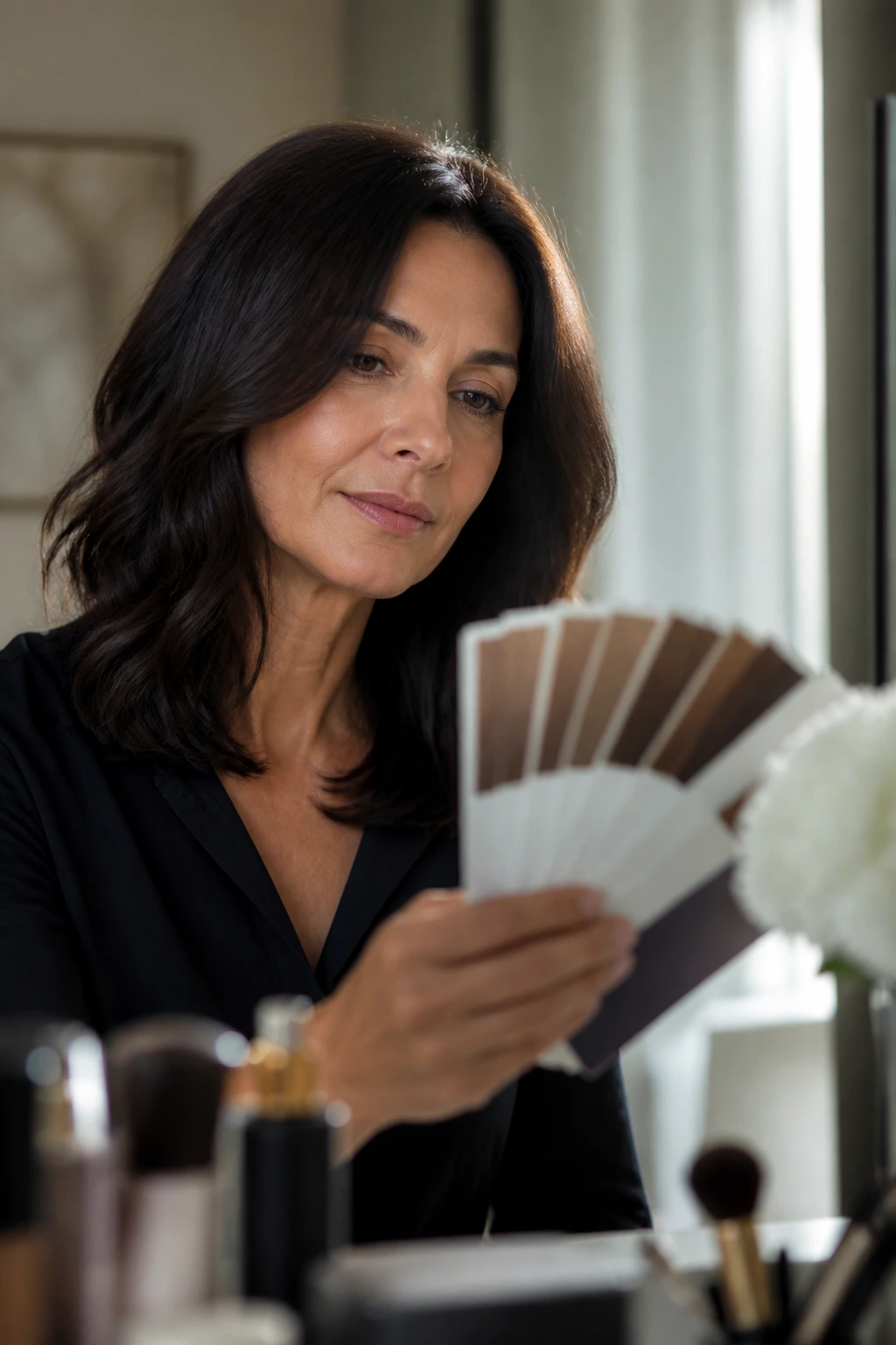 Woman evaluating hair color swatches for brunette shade.