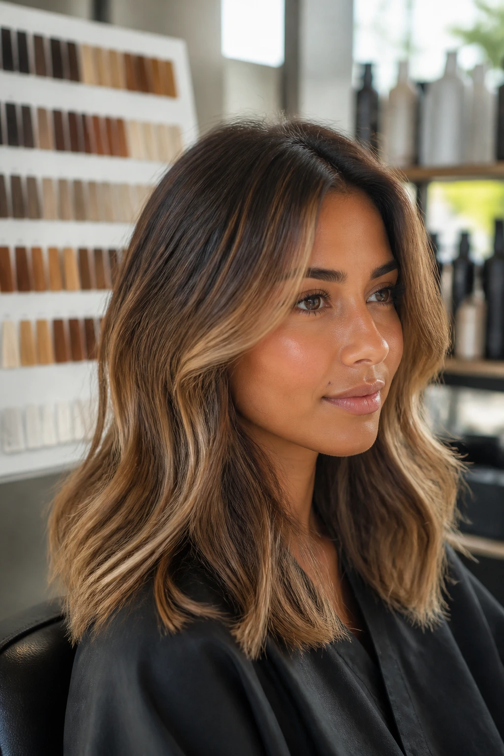 Real client in salon with caramel-beige hair shade guidance
