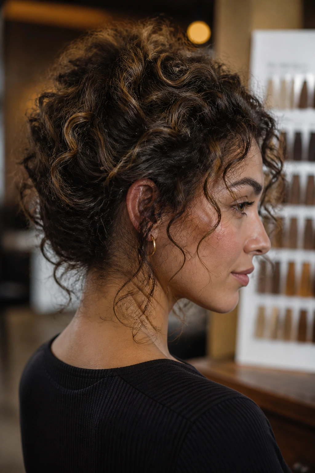 Close-up of a real person with curly hair showing subtle shade variation