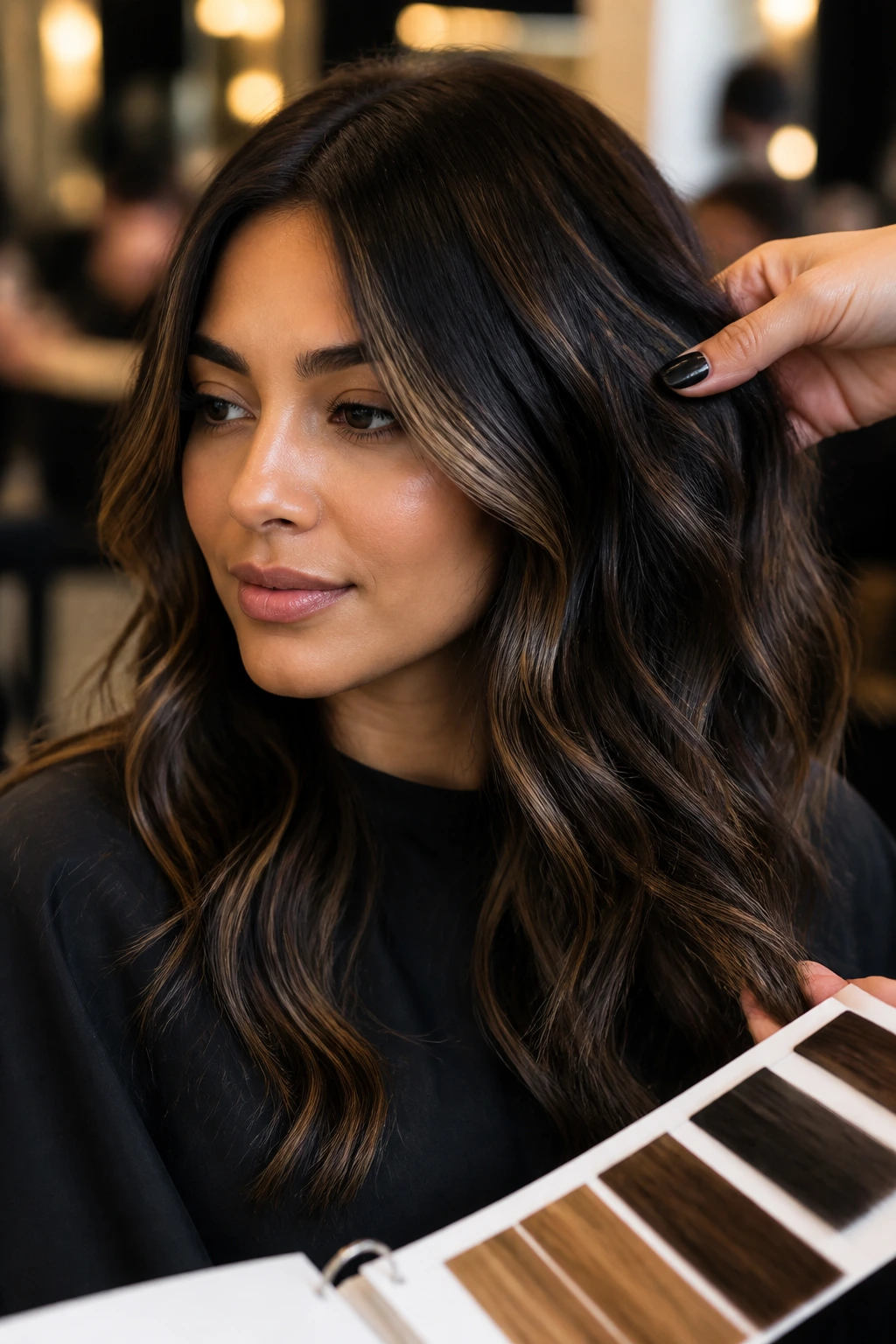 Portrait of a woman with medium skin tone showing nuanced hair shade in salon