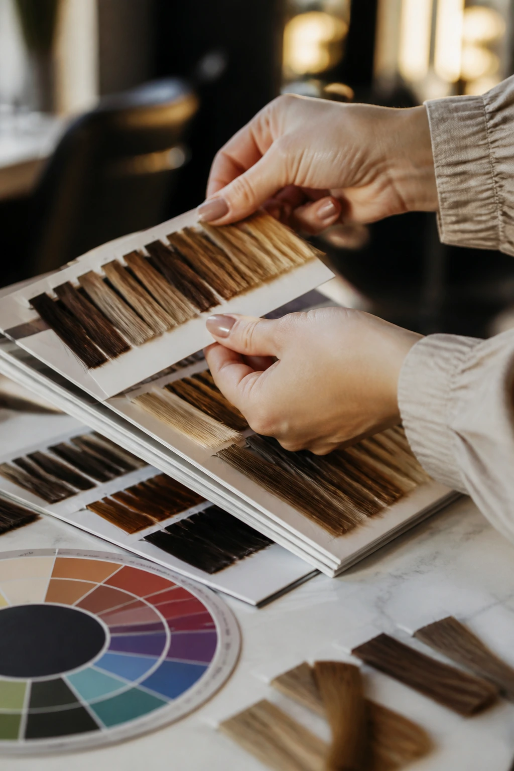 Close-up of hands selecting hair color swatches in a salon