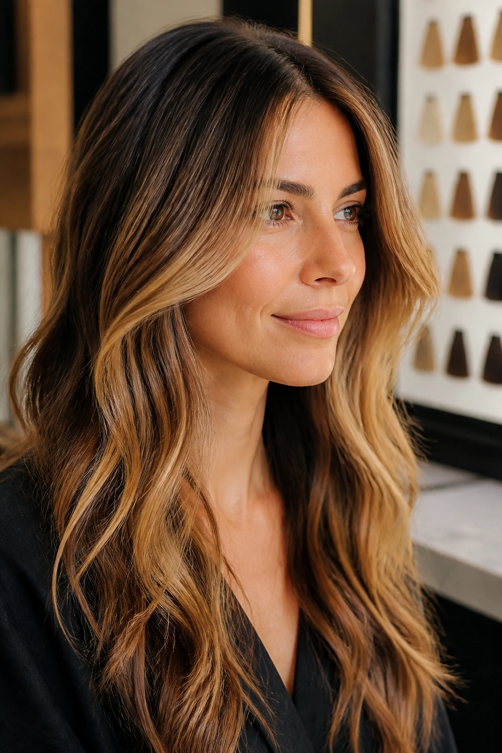Portrait of woman with warm blonde pieces against brunette base with blurred background