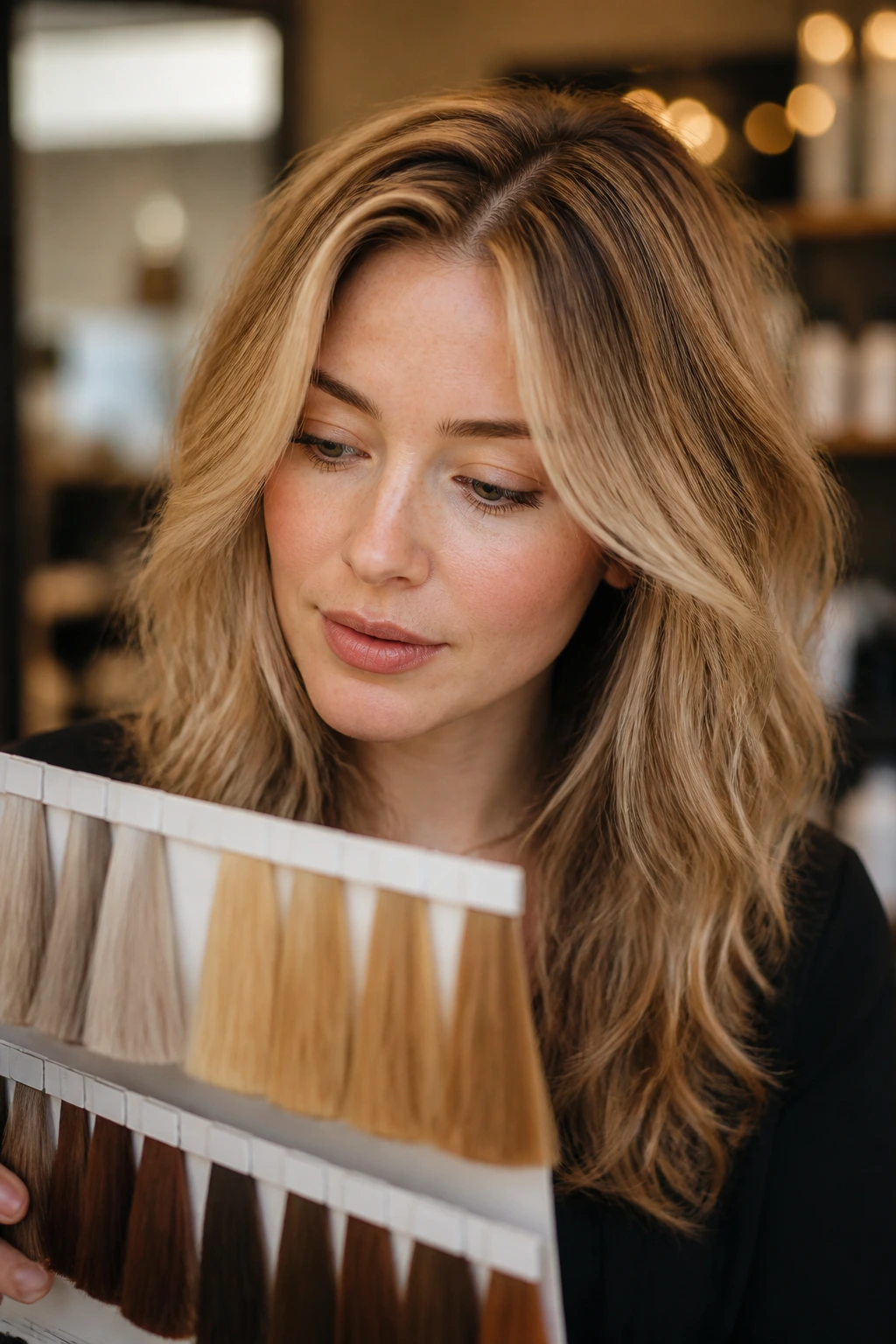 Woman with fair skin at a boutique inspecting hair color swatches