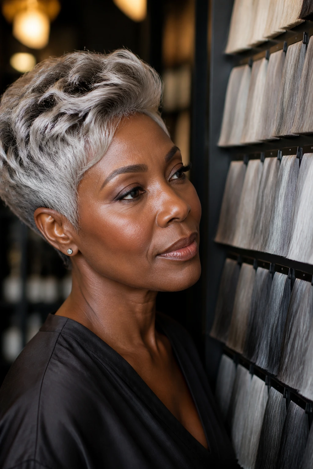 Real person with deep skin and silver-gray hair near color swatches in boutique