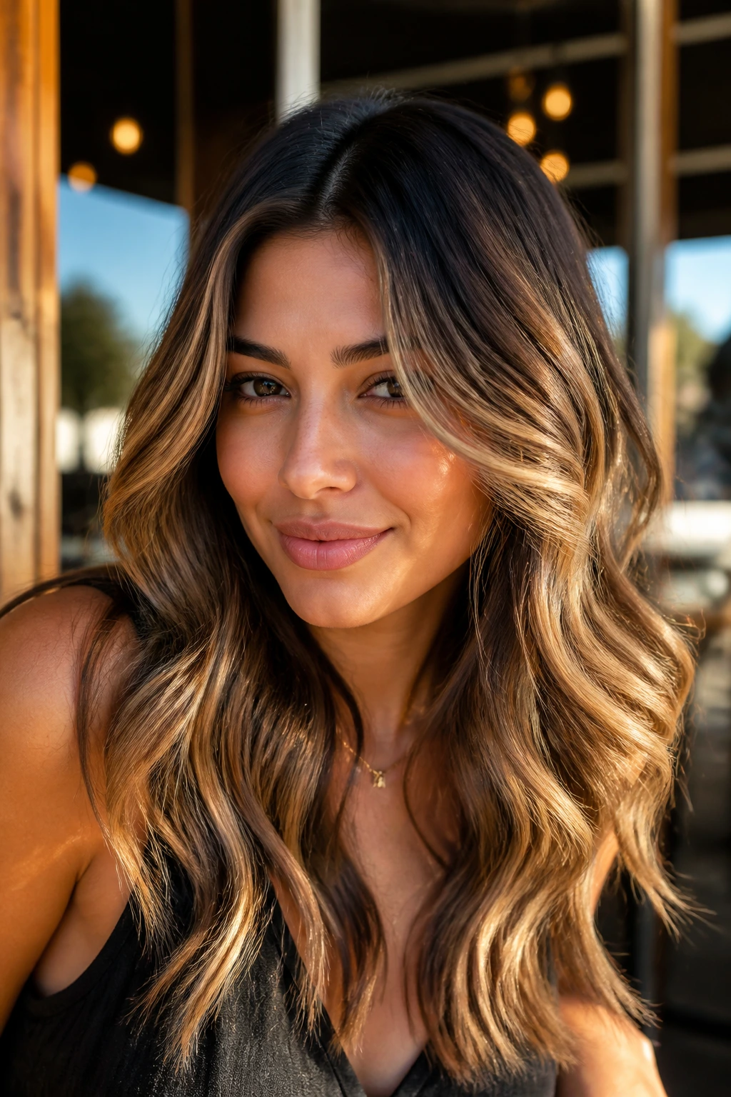 Portrait of a real woman with face-framing lighter ribbons in golden hour light
