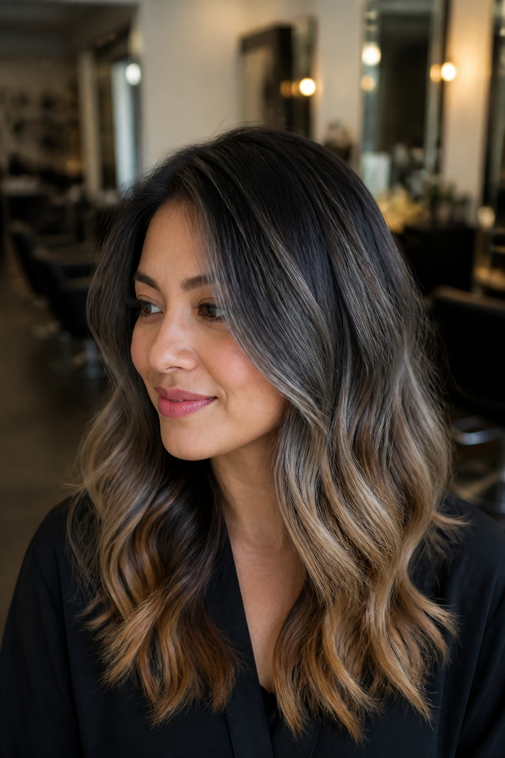 Close-up portrait of a person with dark roots, grey mid-lengths, caramel ends
