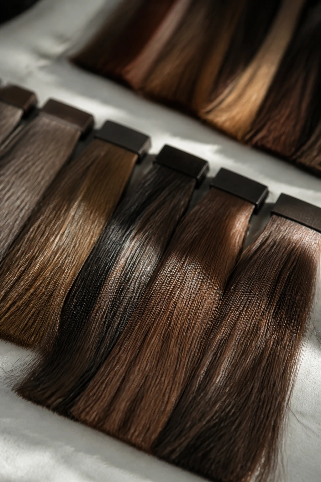 Close-up of brown hair color swatches showing undertones