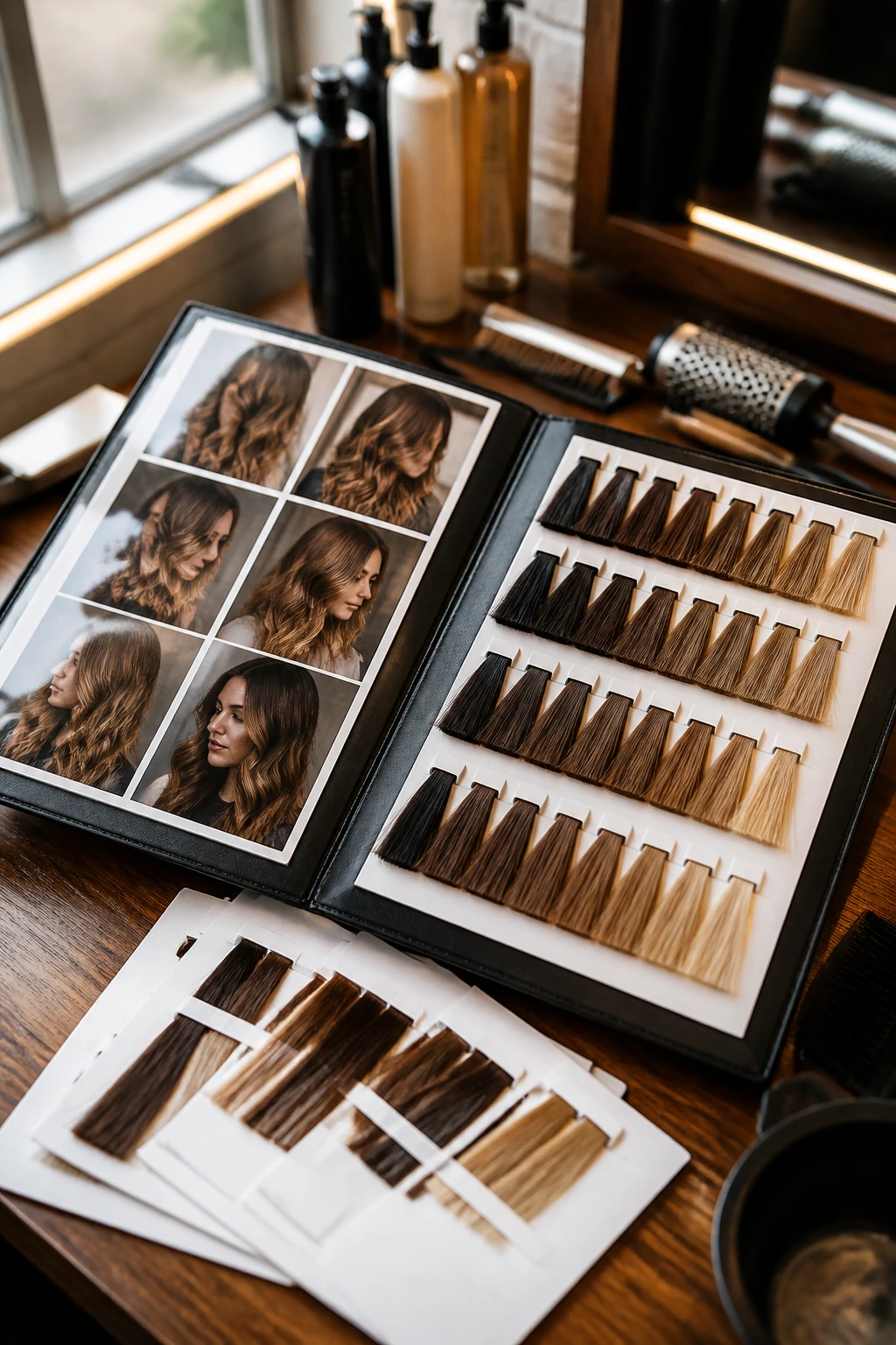 Close-up of a colorist folder with shade swatches and reference photos on a salon desk, daylight.