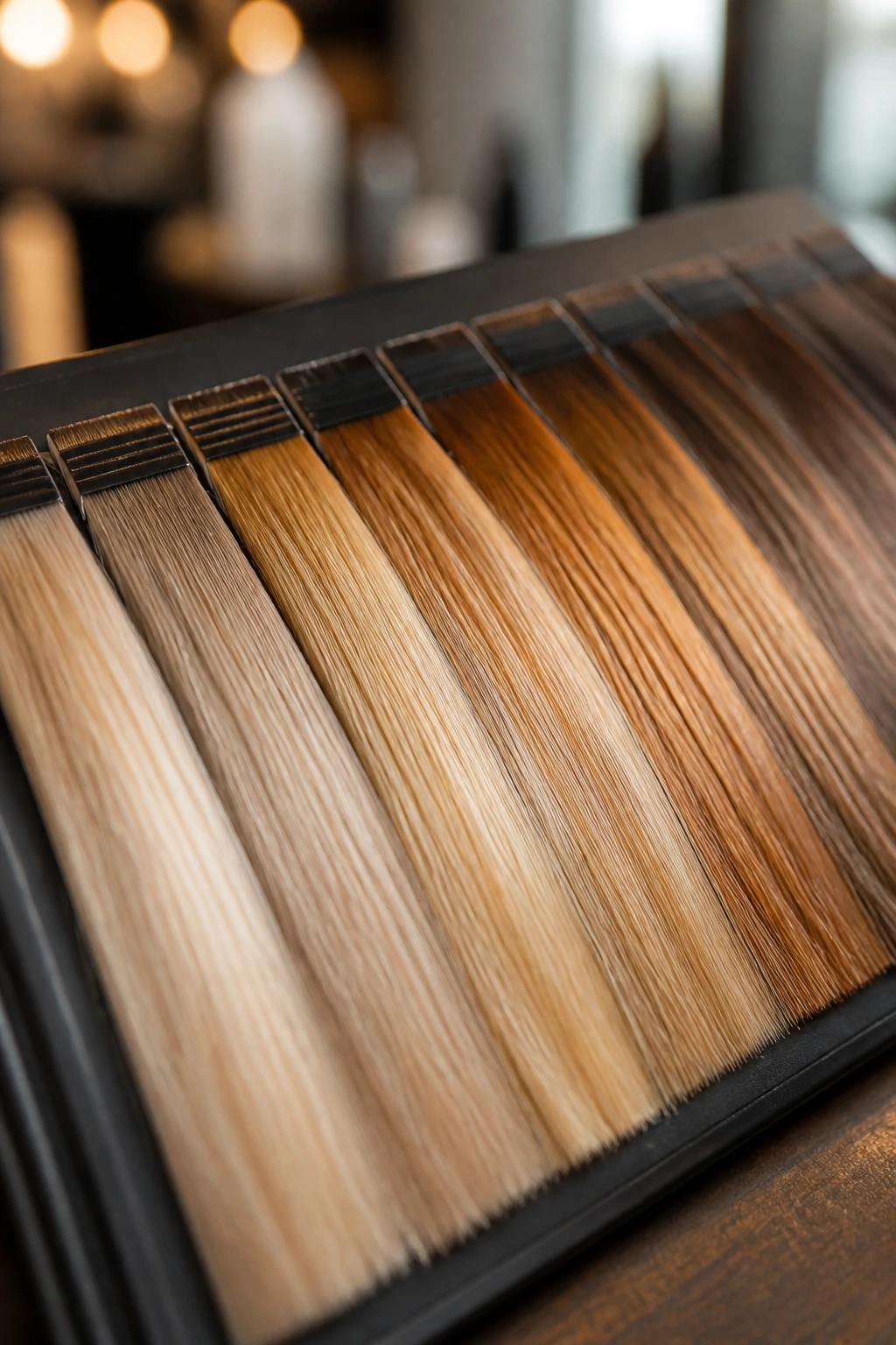 Close-up of warm hair shade swatches in a salon setting