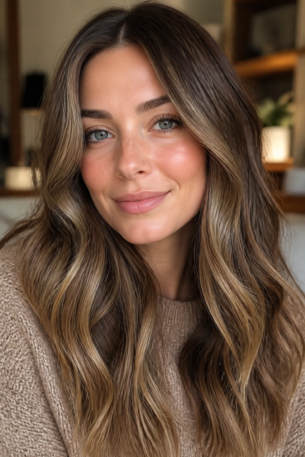 Real person with balanced honey blonde gloss in a cozy setting