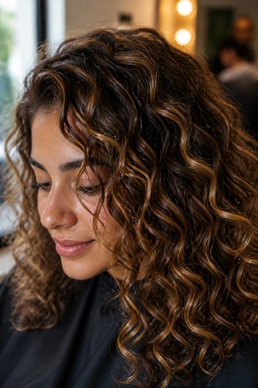 Close-up of curly crown with beige-gold gloss and caramel lowlights on olive skin in warm salon light