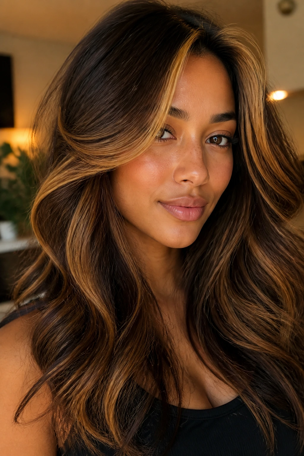 Hair with caramel, mocha, and chestnut shades visible in front and top layers