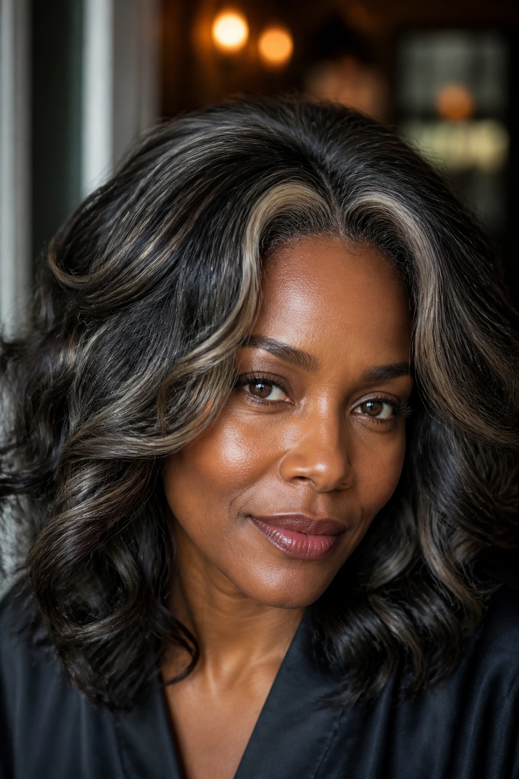 Close-up of multi-tonal hair blending grey on deep skin.