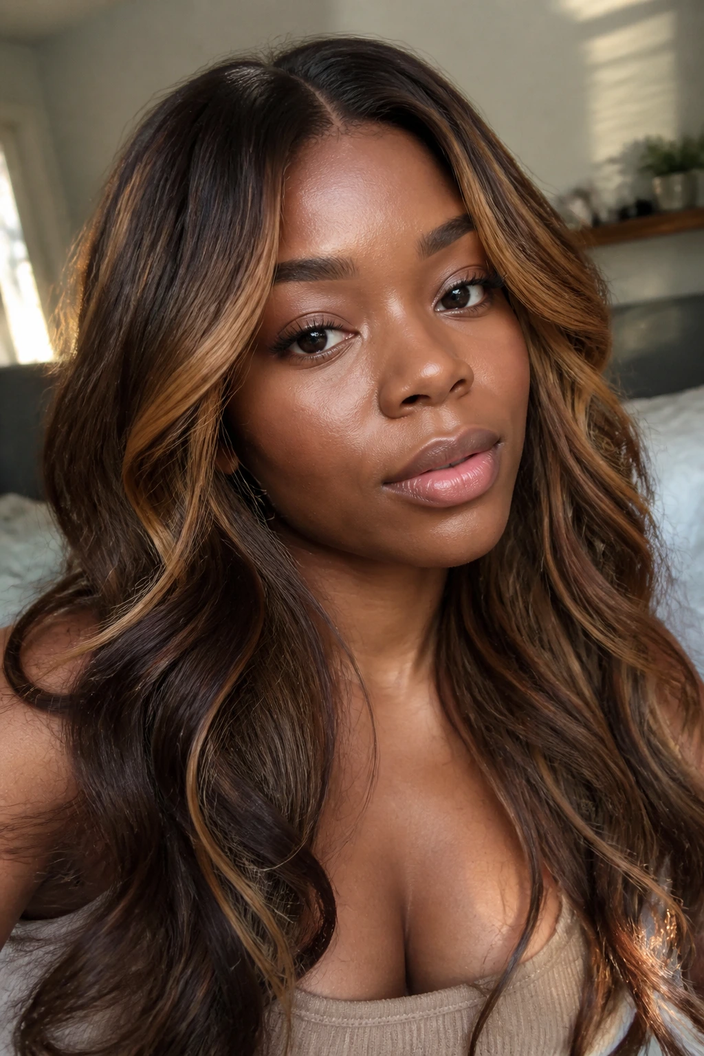 Close-up portrait of a real person with balayage-like espresso to copper hair shades in natural light