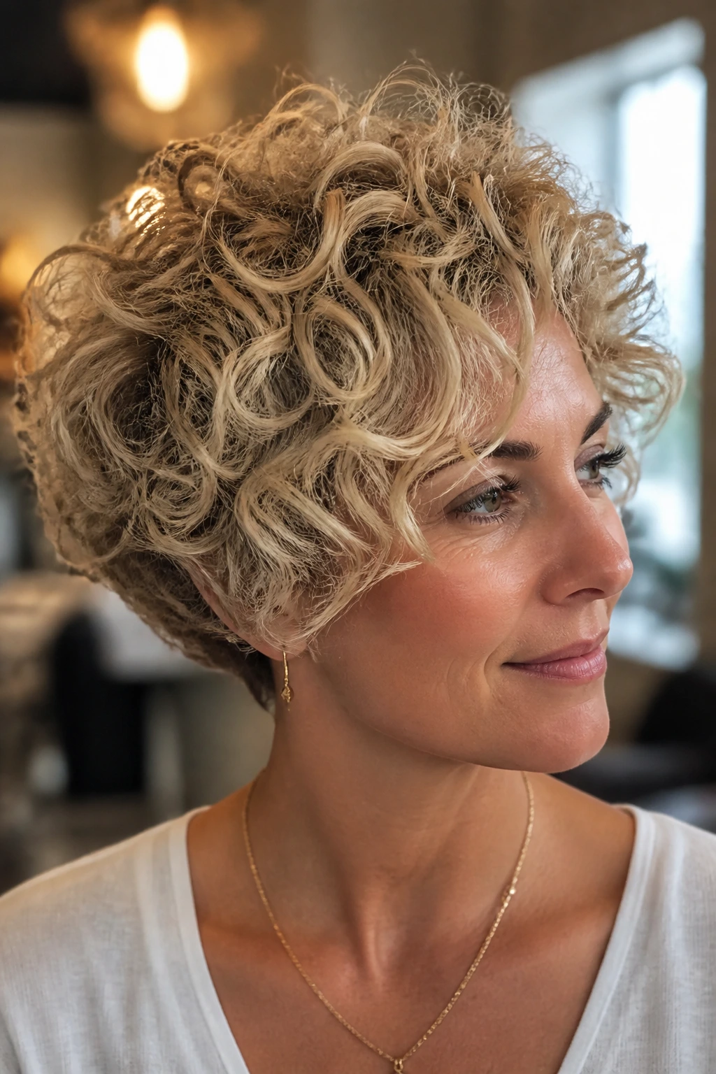 Close-up portrait of short blonde curly hair showing interior shadow for depth