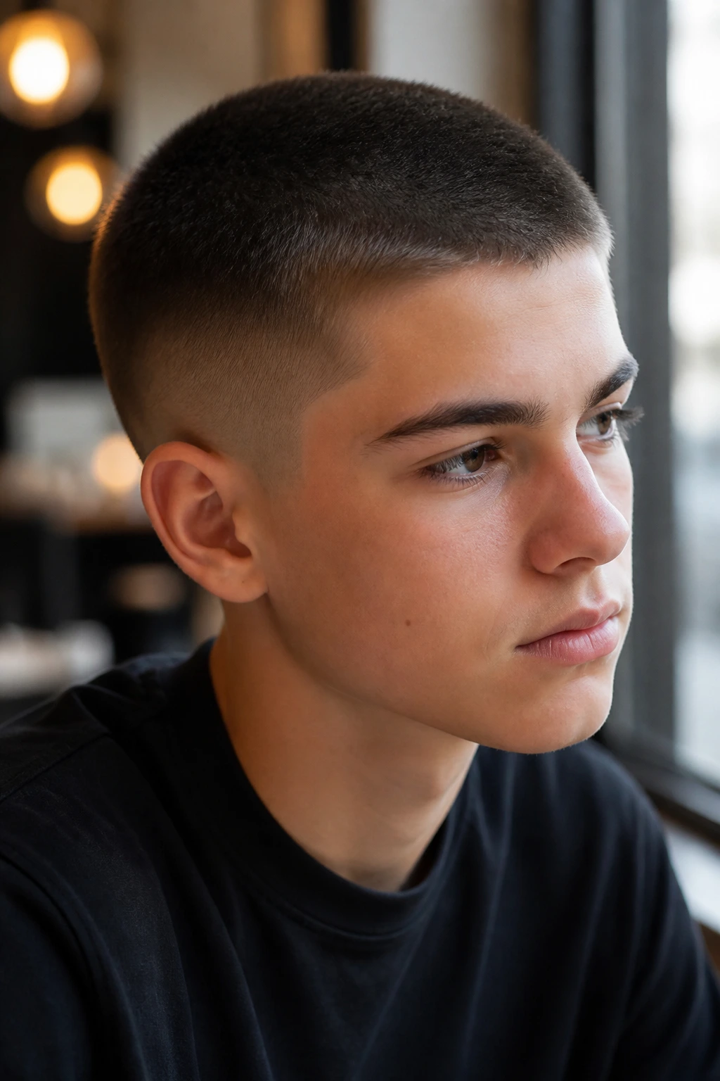 Teen with shadow fade buzz hairstyle in cafe setting