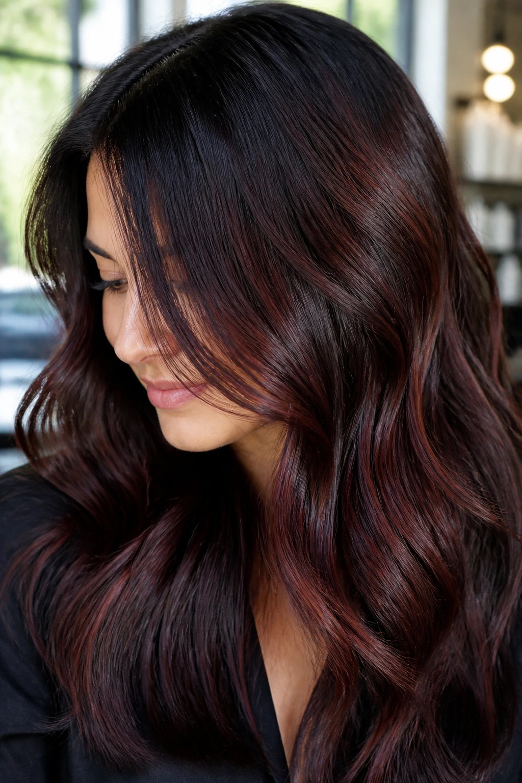 Close-up of dark brown hair with cherry cola shadow highlights
