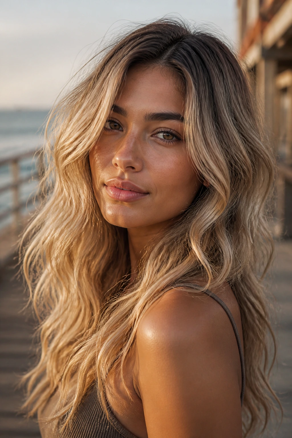 Portrait of a woman with shadow-rooted ash blonde beach waves on olive skin