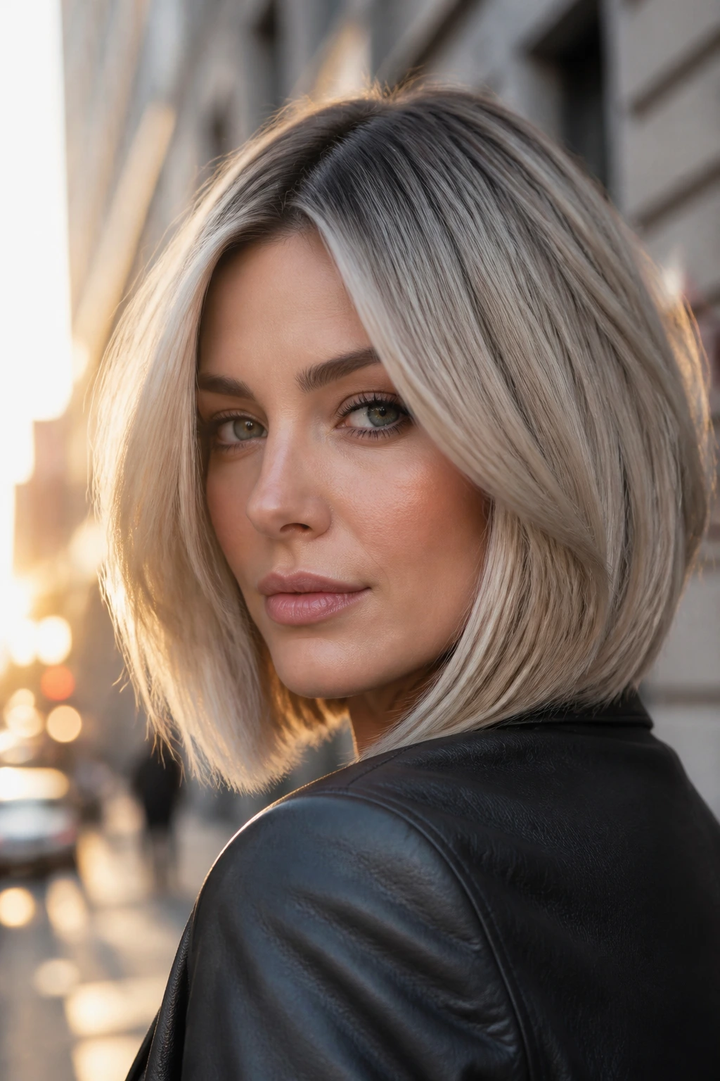 Portrait of a woman with a cool ash blonde bob and shadow root in golden hour light