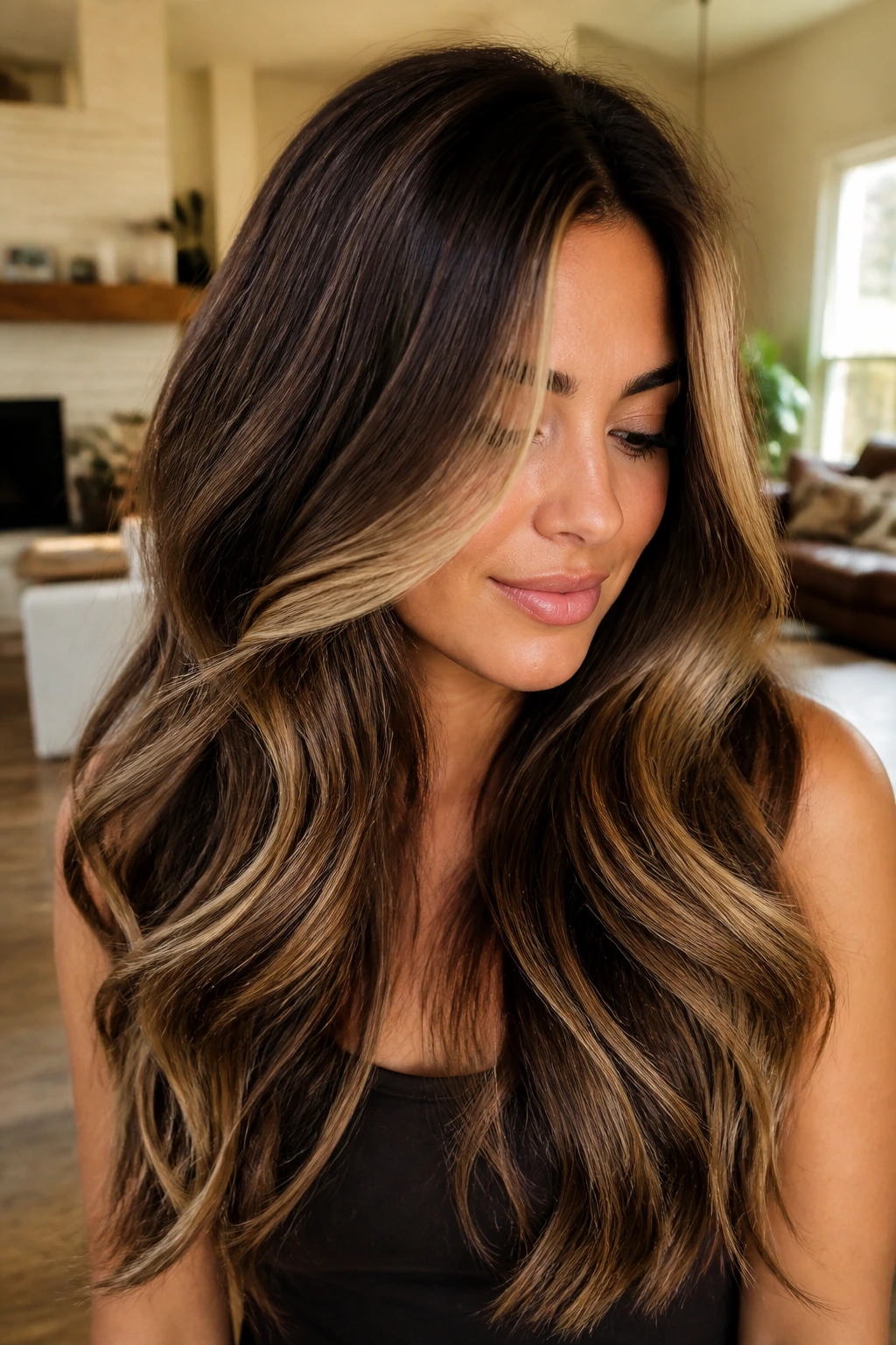 Close-up of brunette with defined shadow root and blonde ribbons