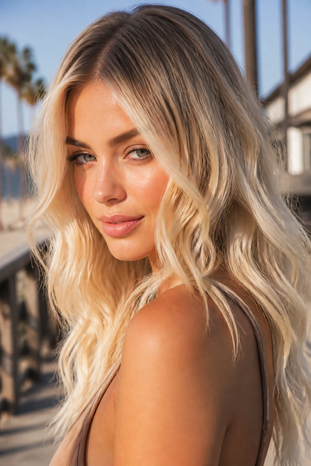 Portrait of a real person with shadow-root blonde and beachy waves