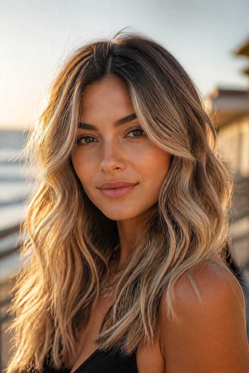 Close-up portrait of a real woman with shadow-root beach waves hairstyle