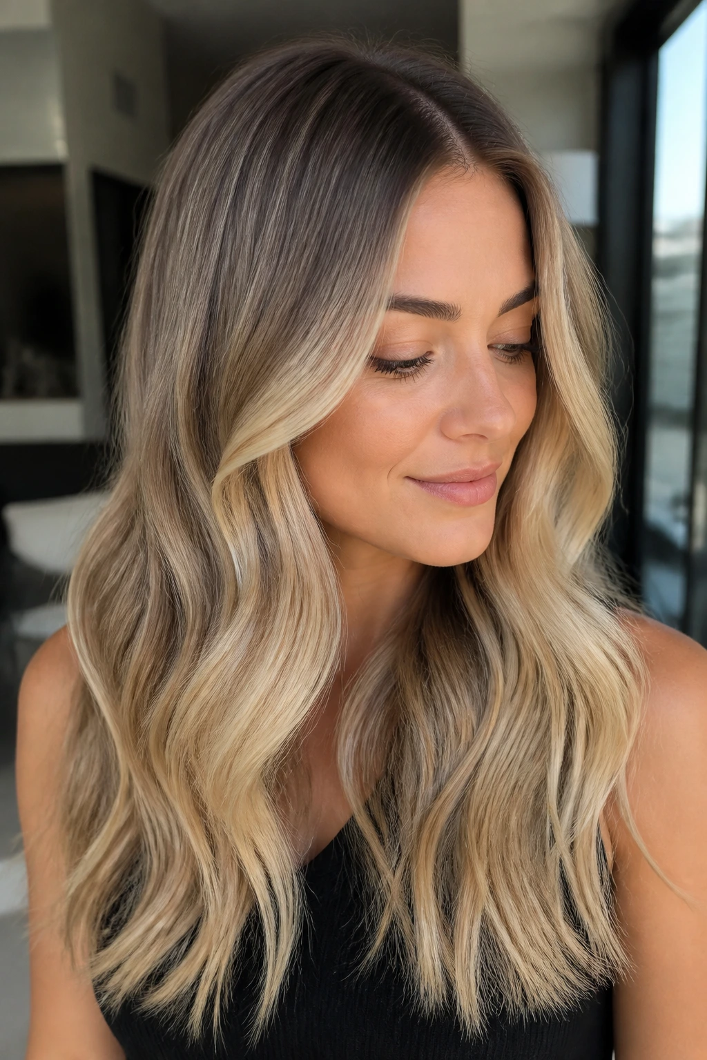 Close-up portrait of a real woman with shadow-root beige blonde.