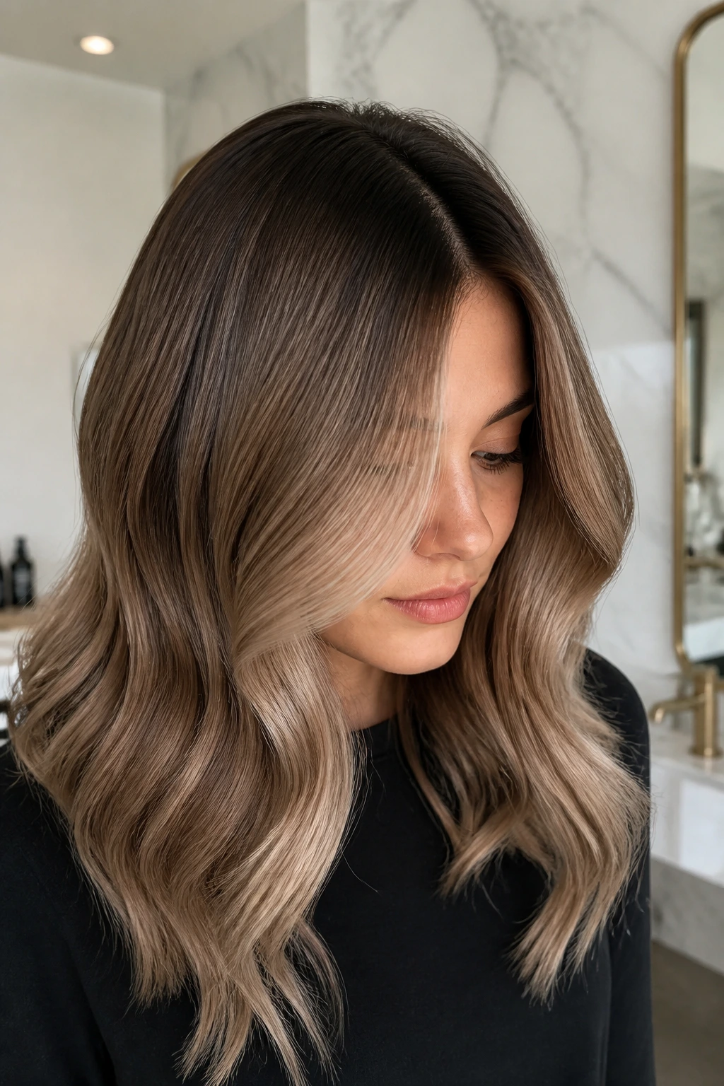 Close-up of a woman showing deep shadowed roots and cool beige gloss on caramel hair