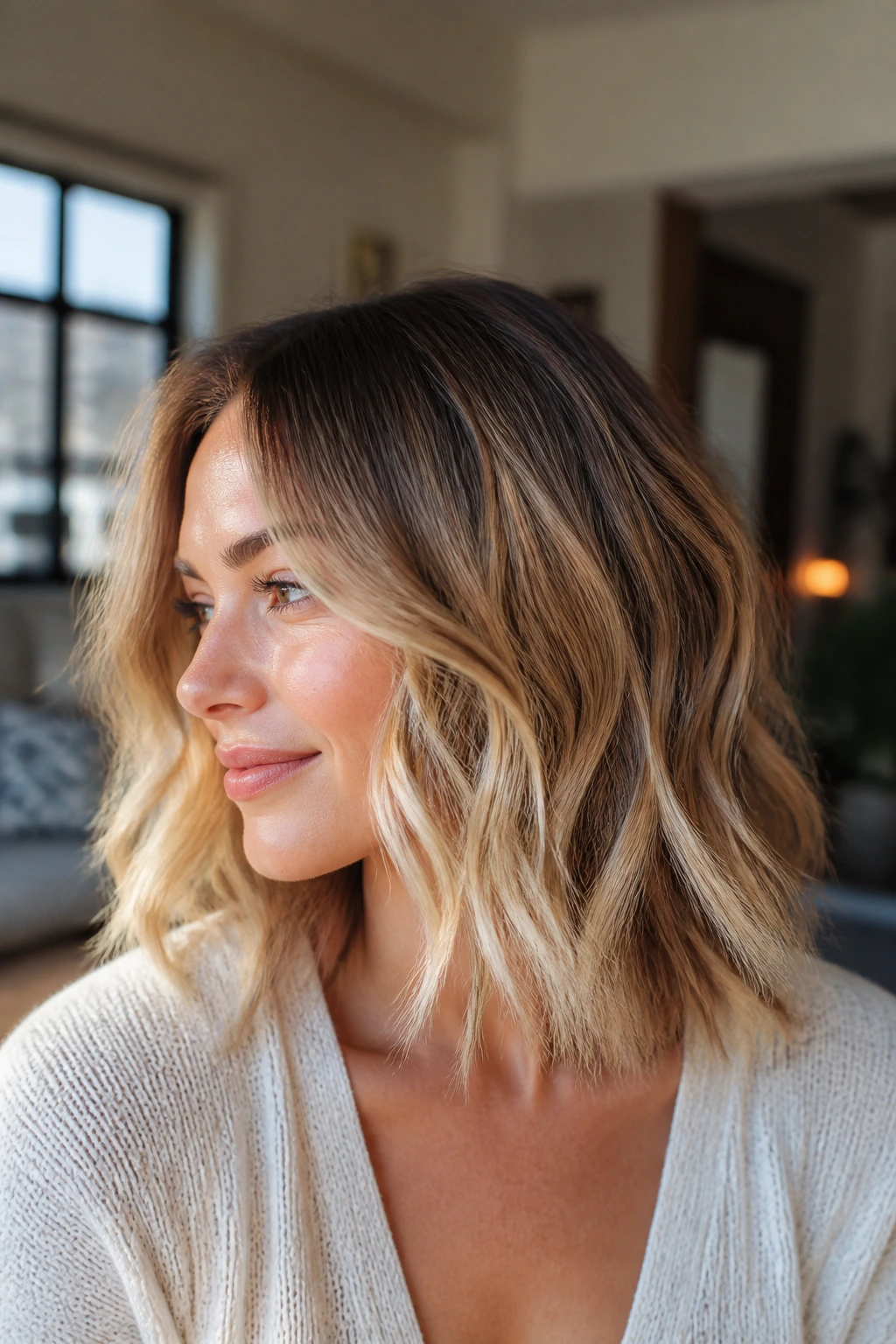 Close-up of a real woman with shadow root blonde lob in natural window light.