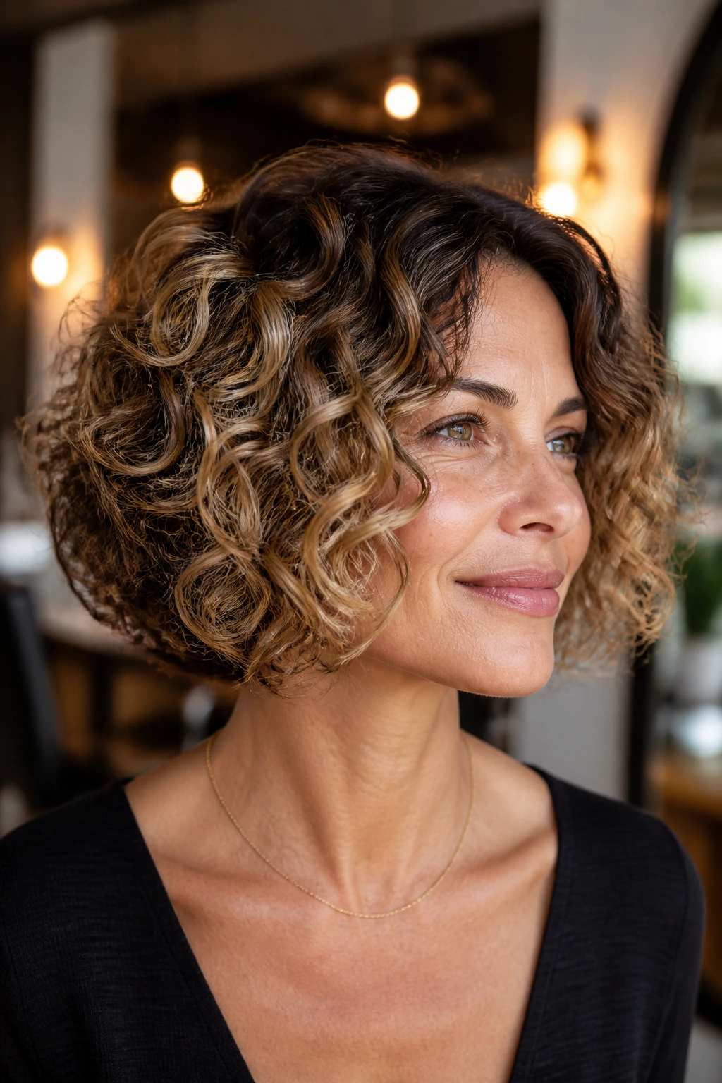 Close-up of a real woman with shadow-root bronde bob and soft babylights